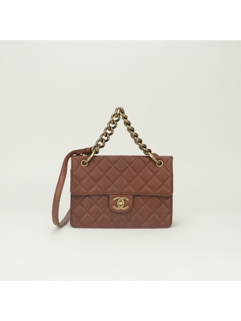 Chanel Quilted Tote Shoulder Bag Caviar Leather Brown Gold CC Logo Turnlock